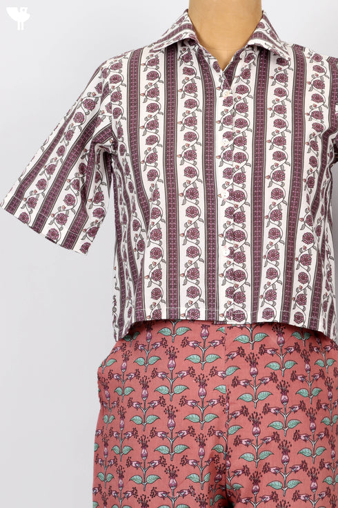 Cambric Cotton Button Down Crop Top In Floral Print