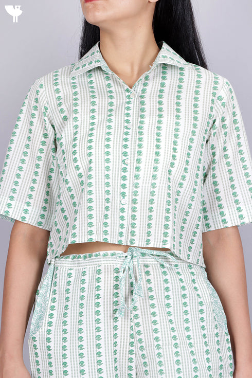 Cambric Cotton Pleated Crop Top In Floral Block Print