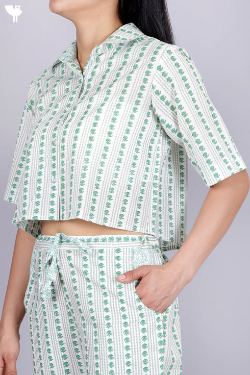 Cambric Cotton Pleated Crop Top In Floral Block Print