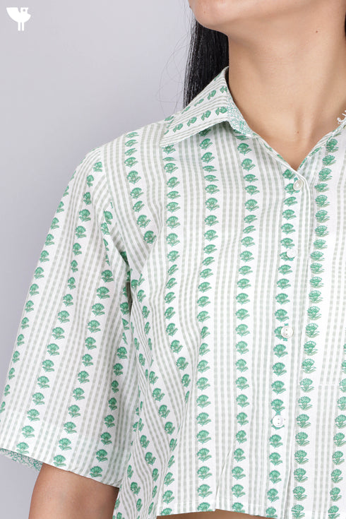 Cambric Cotton Pleated Crop Top In Floral Block Print
