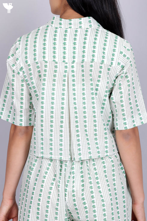 Cambric Cotton Pleated Crop Top In Floral Block Print