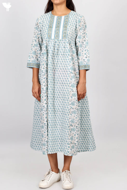 Cambric Cotton Paneled Dress In Floral Block Print