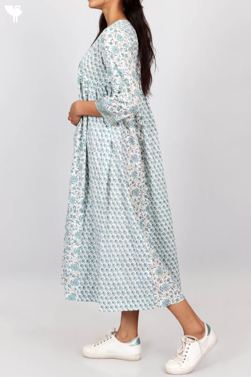 Cambric Cotton Paneled Dress In Floral Block Print