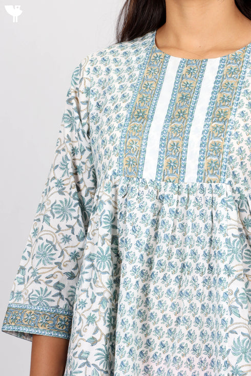 Cambric Cotton Paneled Dress In Floral Block Print