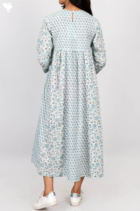 Cambric Cotton Paneled Dress In Floral Block Print