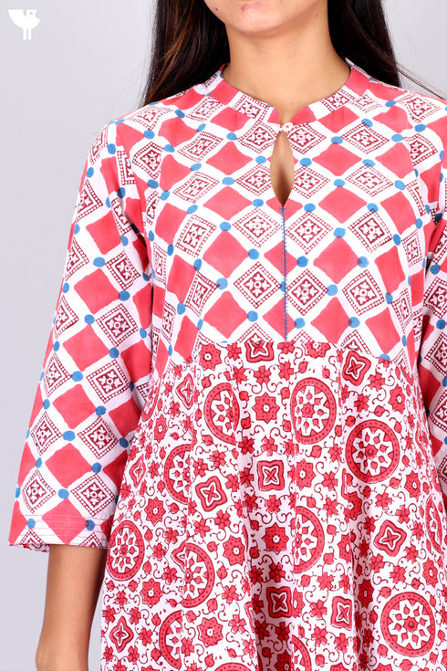 Cambric Cotton MIDI Dress in Graphic Block Print