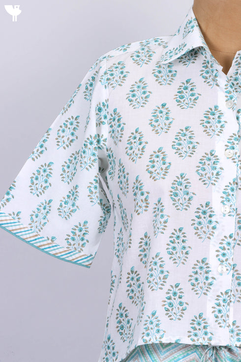 Cambric Cotton Button Down Crop Top In Floral Block Print