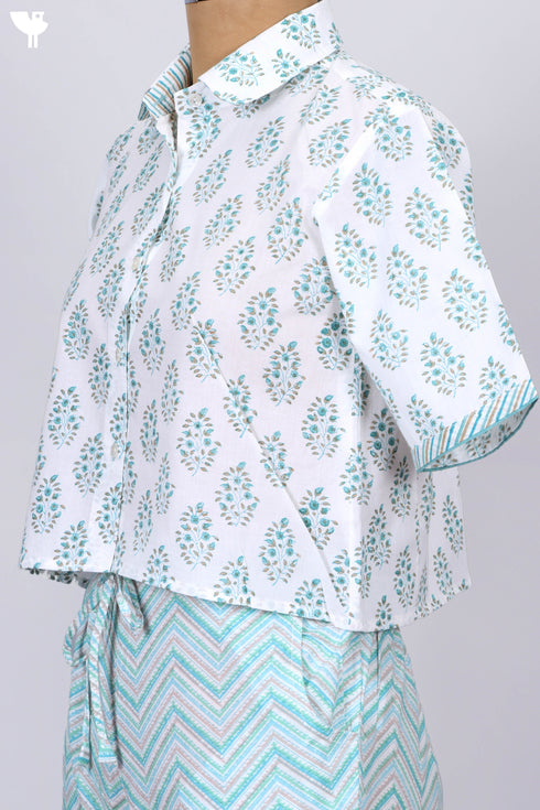 Cambric Cotton Button Down Crop Top In Floral Block Print