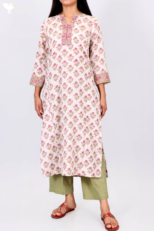 Mulmul Cotton Kurta In Floral Block Print