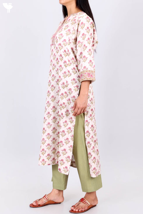 Mulmul Cotton Kurta In Floral Block Print