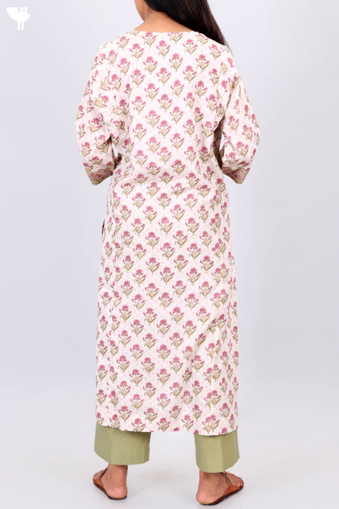 Mulmul Cotton Kurta In Floral Block Print
