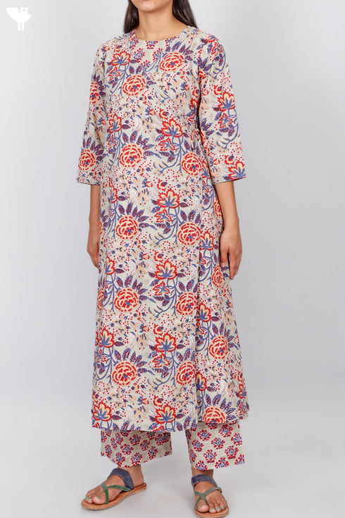 Cambric Cotton Angarakha Dress With Slip In Floral Block Print