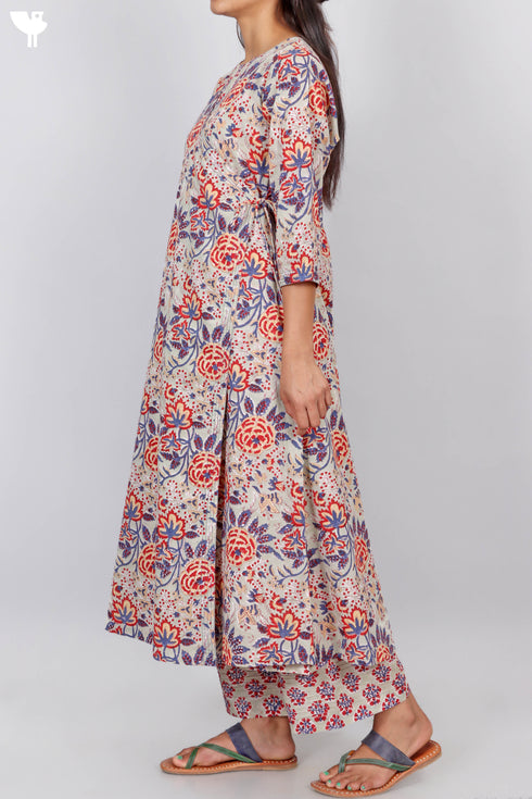 Cambric Cotton Angarakha Dress With Slip In Floral Block Print