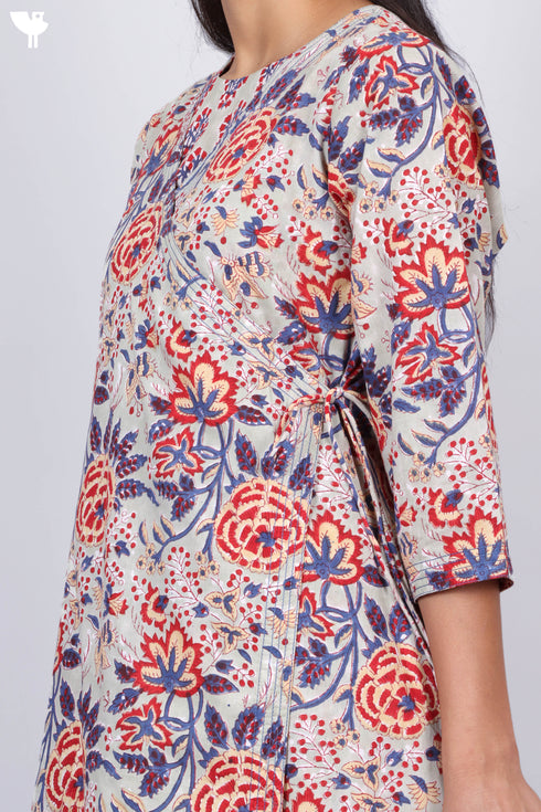 Cambric Cotton Angarakha Dress With Slip In Floral Block Print