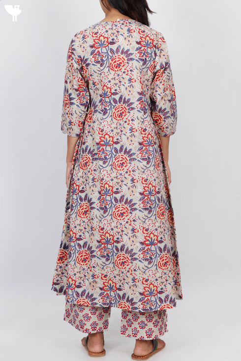 Cambric Cotton Angarakha Dress With Slip In Floral Block Print
