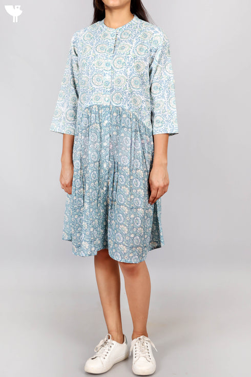 Cotton Frock In Floral Block Print
