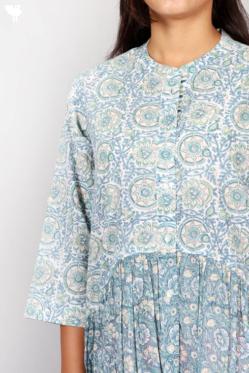 Cotton Frock In Floral Block Print