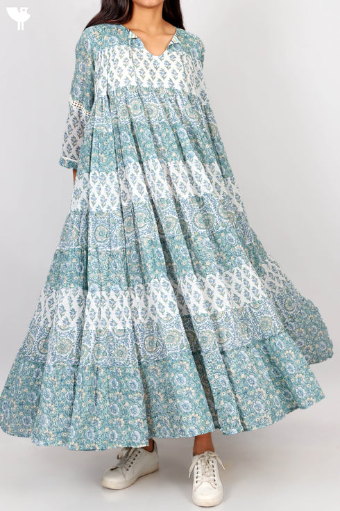 Mulmul Cotton Maxi Gathered Dress With Floral Block Print