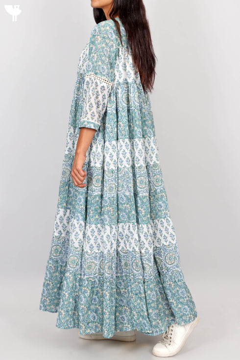 Mulmul Cotton Maxi Gathered Dress With Floral Block Print