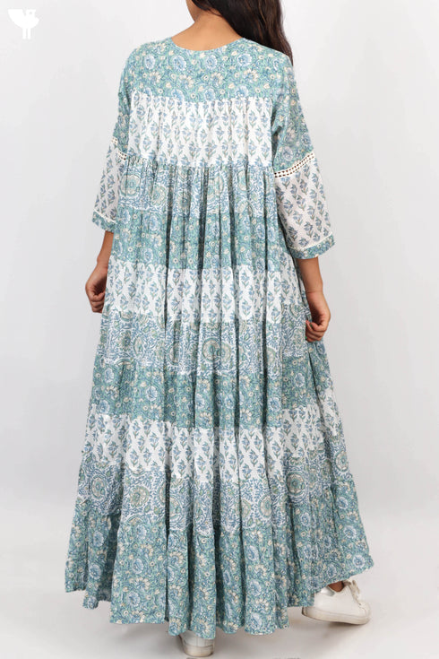 Mulmul Cotton Maxi Gathered Dress With Floral Block Print