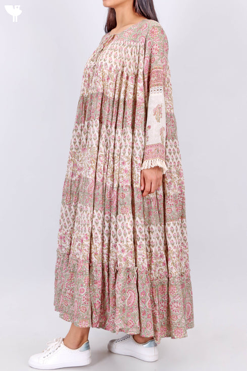 Mulmul Cotton Maxi Gathered Dress With Floral Block Print