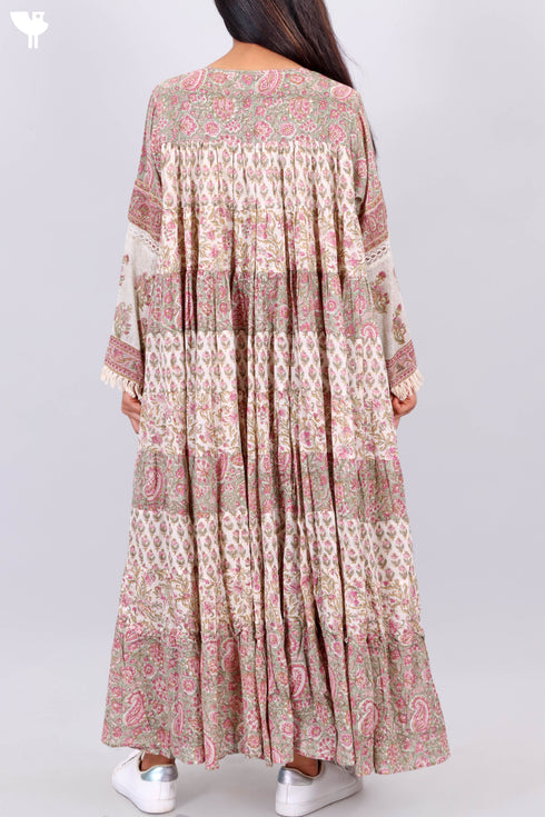 Mulmul Cotton Maxi Gathered Dress With Floral Block Print