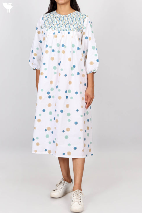 Organic Cotton Balloon Dress With Polka Dot Block Print