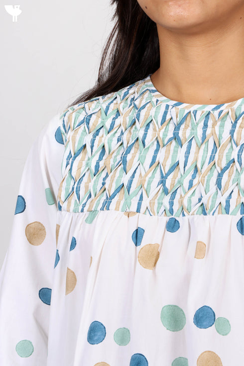 Organic Cotton Balloon Dress With Polka Dot Block Print