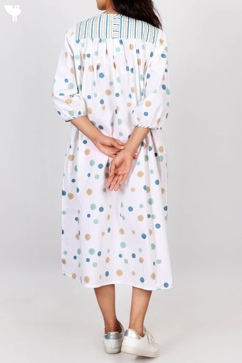 Organic Cotton Balloon Dress With Polka Dot Block Print