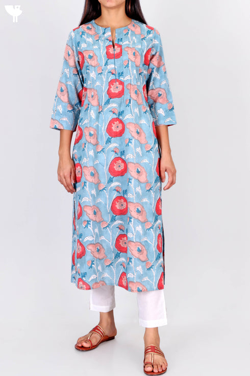 Cambric Cotton Kurta In Floral Block Print