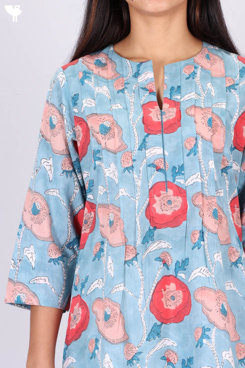 Cambric Cotton Kurta In Floral Block Print