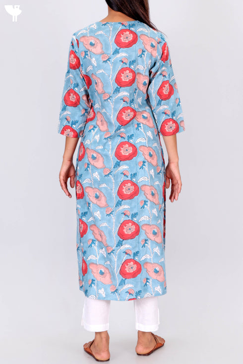 Cambric Cotton Kurta In Floral Block Print
