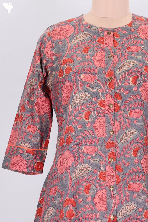 Cambric Cotton Kurta In Floral Block Print