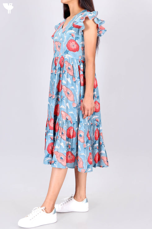 Cambric Cotton Midi Frock In Floral Block Print