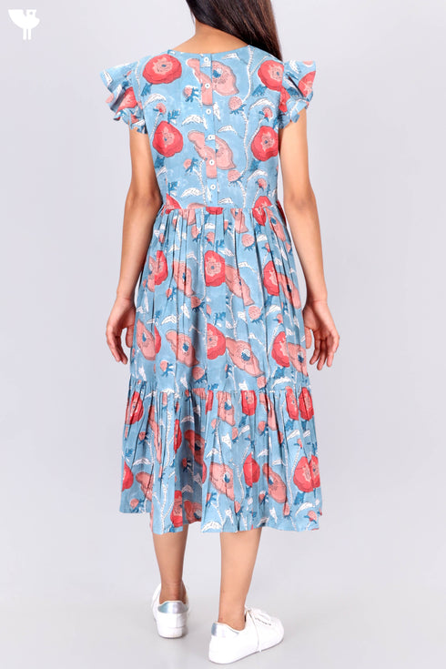 Cambric Cotton Midi Frock In Floral Block Print