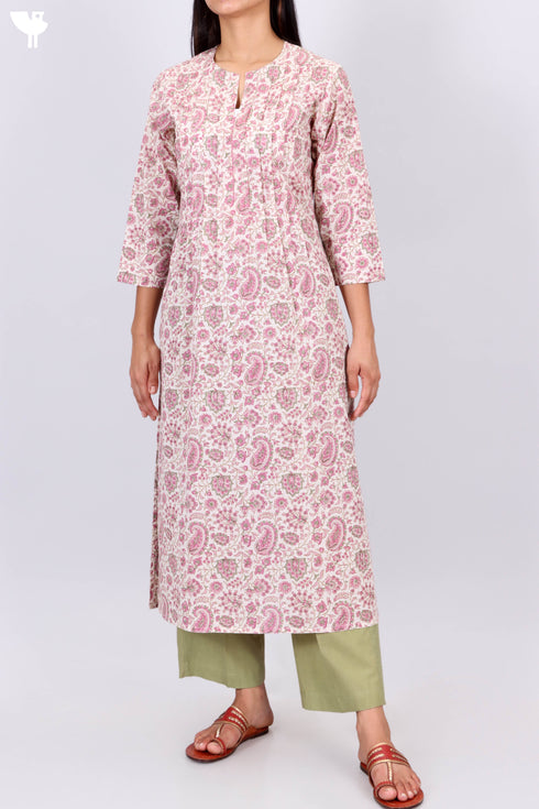 Cambric Cotton Pleated Kurta In Paisley Block Print
