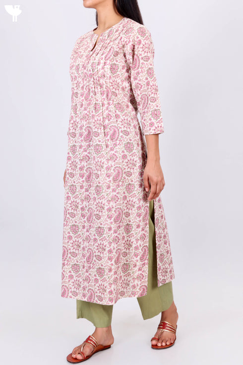 Cambric Cotton Pleated Kurta In Paisley Block Print