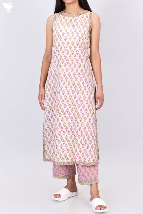 Sleeveless Cambric Cotton Kurta In Floral Block Print