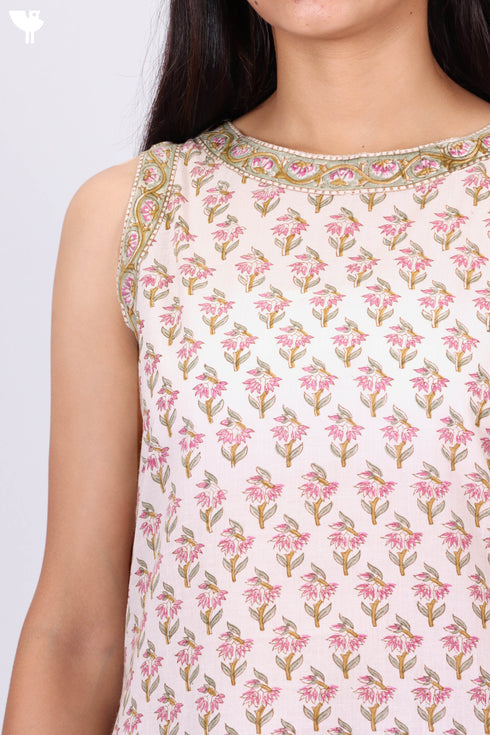 Sleeveless Cambric Cotton Kurta In Floral Block Print