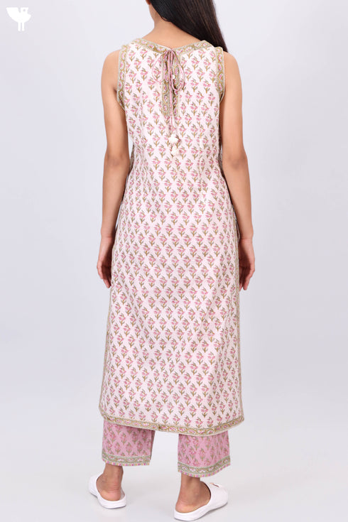Sleeveless Cambric Cotton Kurta In Floral Block Print