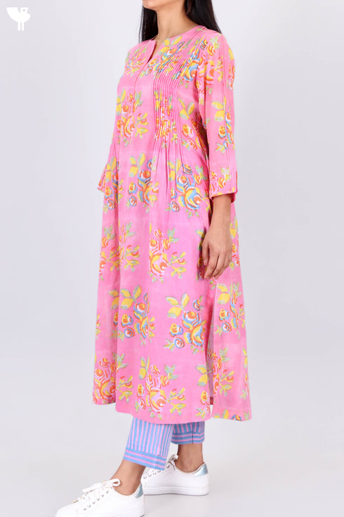 Mulmul Cotton Kurta In Floral Block Print
