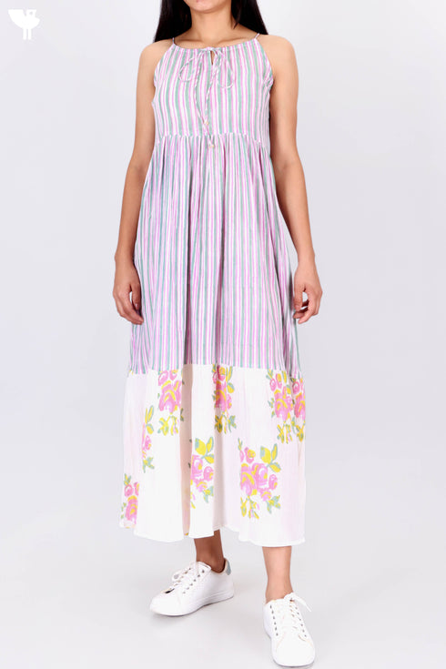 Crepe Cotton Strappy Dress In Assorted Block Print