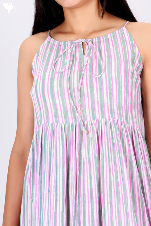 Crepe Cotton Strappy Dress In Assorted Block Print