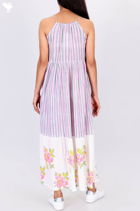 Crepe Cotton Strappy Dress In Assorted Block Print