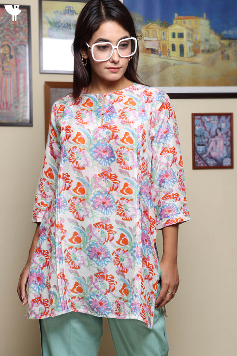 Chanderi Silk Pleated Tunic In Floral Block Print