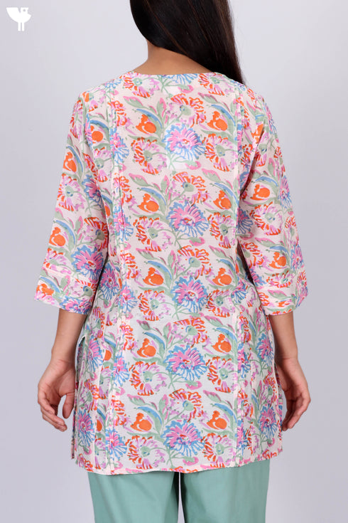 Chanderi Silk Pleated Tunic In Floral Block Print
