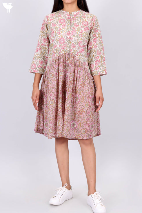 Cotton Frock In Floral Block Print