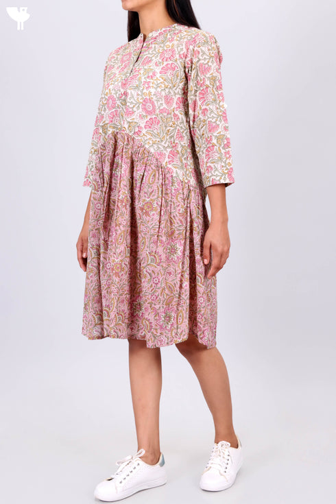 Cotton Frock In Floral Block Print