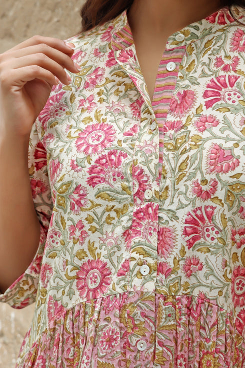 Cotton Frock In Floral Block Print