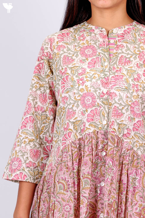 Cotton Frock In Floral Block Print